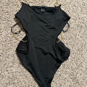 Forever 21 Black bodysuit with Gold Chain Straps